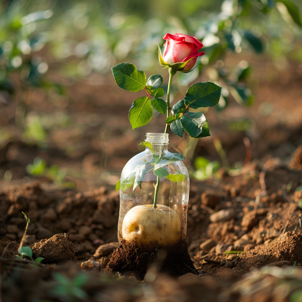 Une bouture de rosier dans une pomme de terre