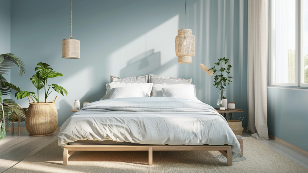 Chambre avec murs bleu clair pour créer une impression de profondeur