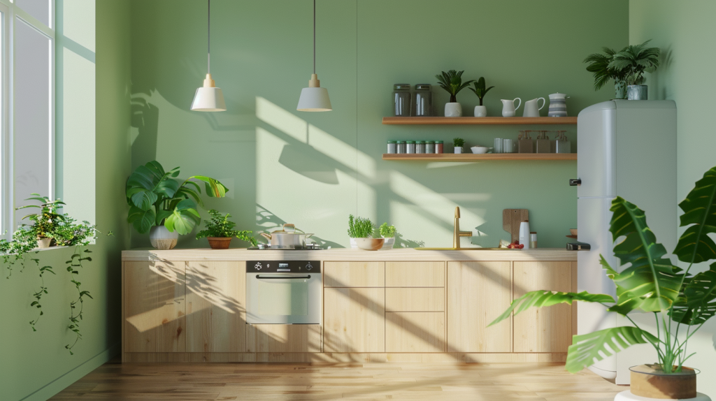 Cuisine avec murs vert d’eau pour agrandir visuellement la pièce