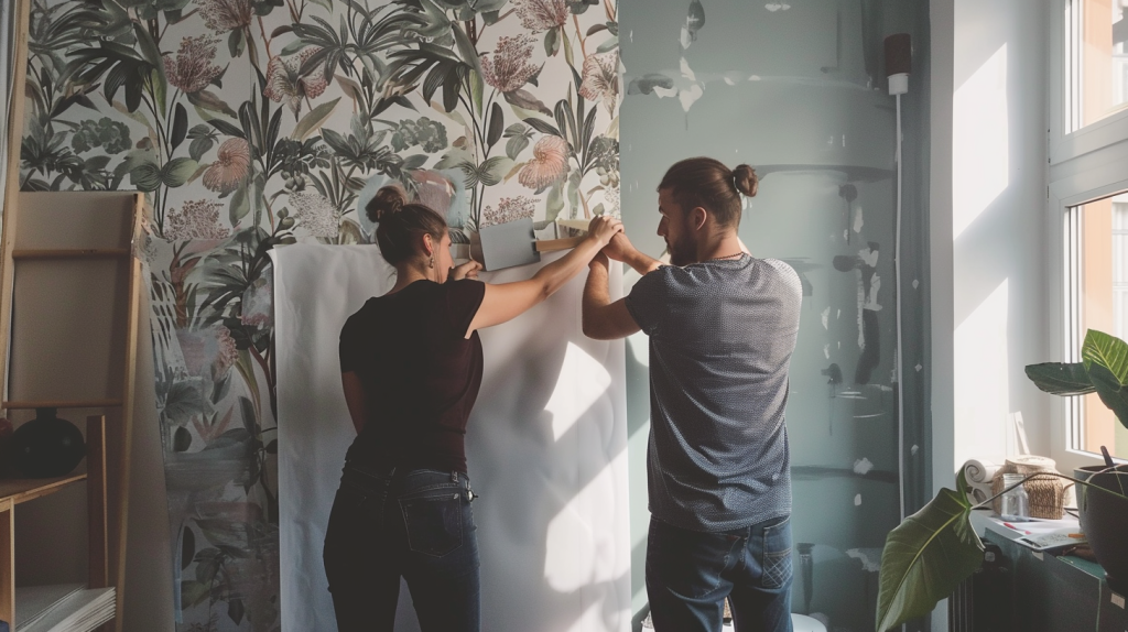 Deux personnes posant un lé de papier peint sur un mur intérieur clair