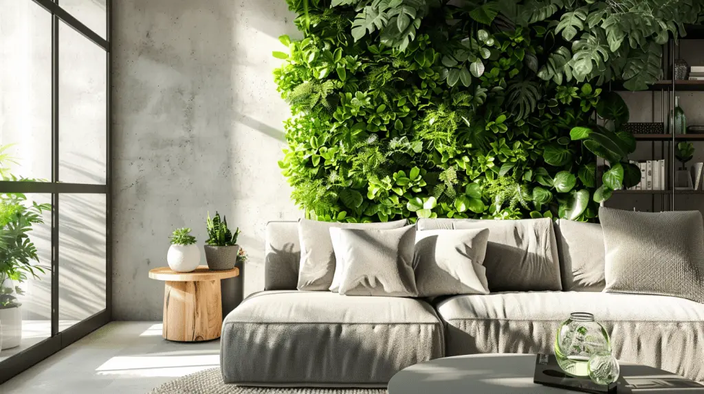 Mur végétal intérieur décoratif dans un salon contemporain