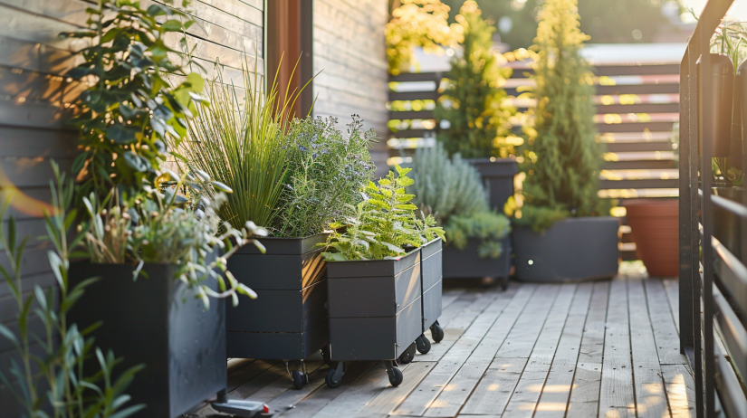 Terrasse avec plantes compactes et pots à roulettes pour optimiser l’espace