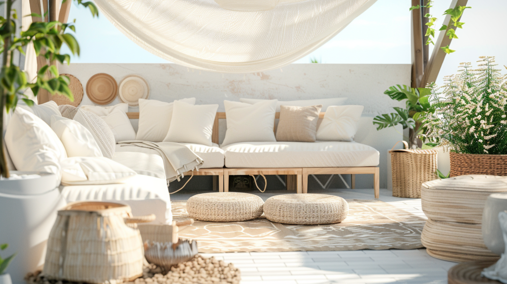 Petite terrasse décorée en blanc et beige pour agrandir visuellement l’espace