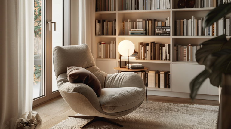 Coin lecture compact avec fauteuil, lampe et livres