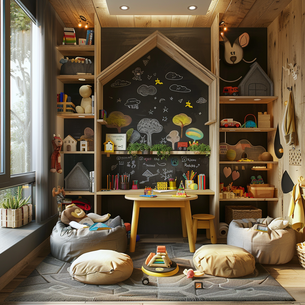 Chambre d’enfant avec rangements à hauteur d’enfant, coin dessin équipé et décor inspirant, pour encourager l’autonomie et l’imagination.