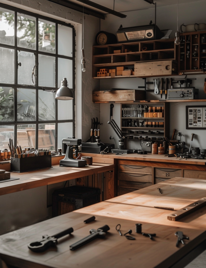 Vue d’un atelier lumineux avec établi en bois, outils manuels, pièces métalliques et ambiance de bricolage soignée