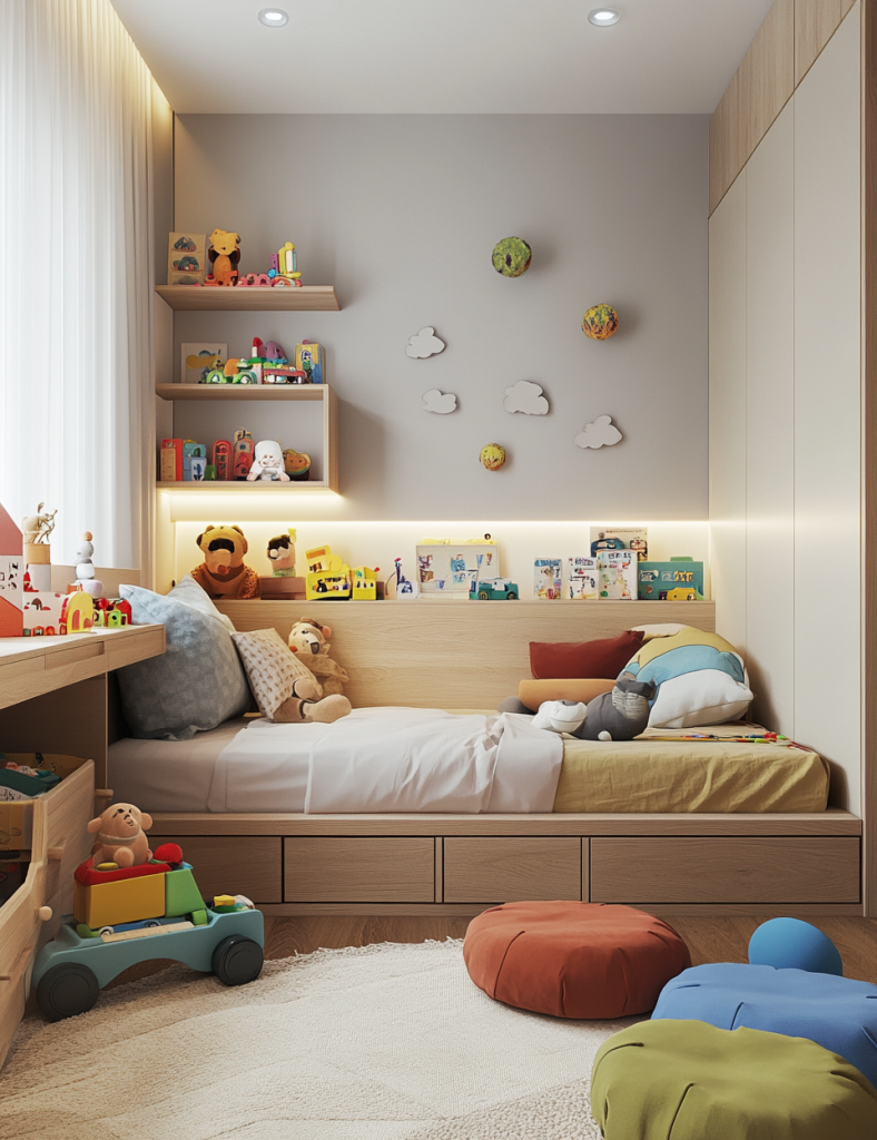 Chambre d’enfant intelligemment organisée en trois zones : repos, créativité et jeux, avec meubles multifonctionnels et circulation fluide.