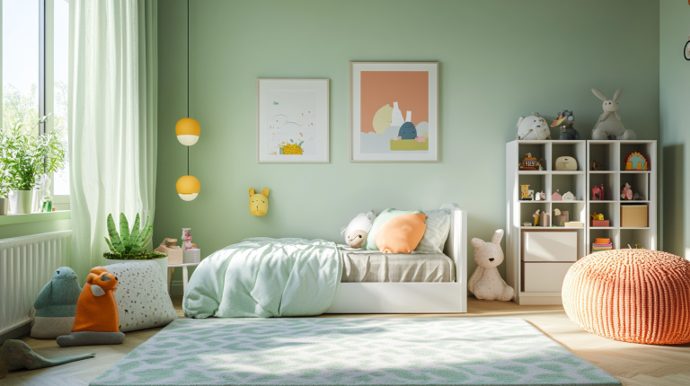 Vue d’ensemble d’une chambre d’enfant chaleureuse et bien agencée, mêlant mobilier en bois, couleurs douces et éléments ludiques.