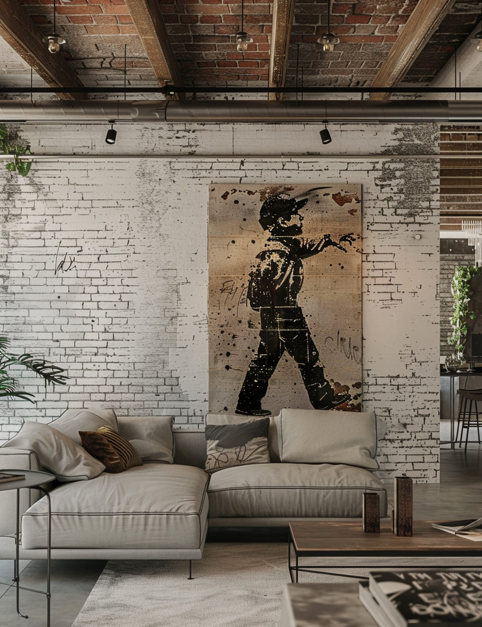 Salon design de style industriel avec une œuvre murale façon Banksy en décoration principale