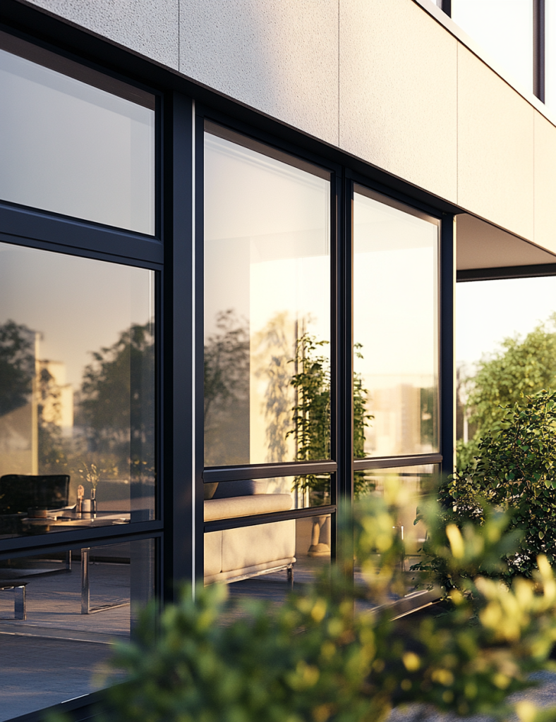 Fenêtres modernes en aluminium avec double vitrage et technologie de rupture de pont thermique, dans un intérieur urbain bien isolé.