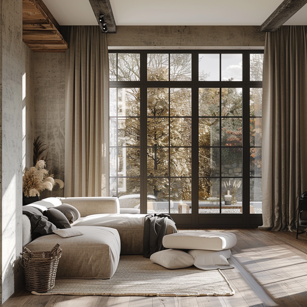 Vue d’un intérieur élégant où les fenêtres en aluminium s’intègrent harmonieusement à différents styles décoratifs, du rustique au minimaliste.