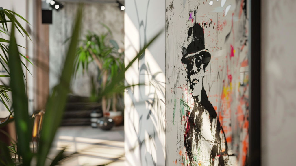 Vue rapprochée d’un couloir moderne avec décoration murale inspirée de Banksy et éléments design