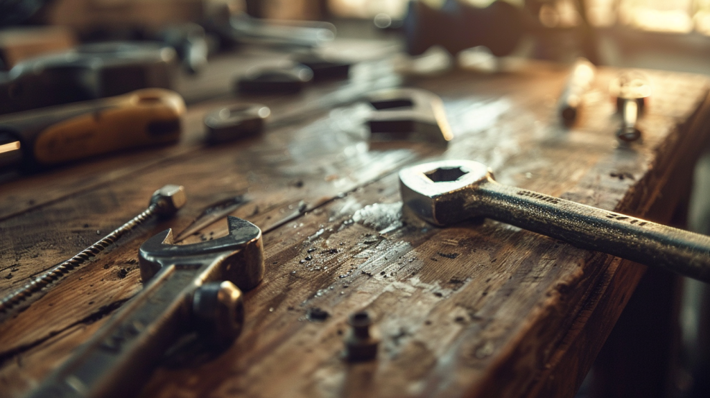 Gros plan sur un boulon en cours de serrage avec une clé, entouré d’outils de bricolage sur une surface en bois