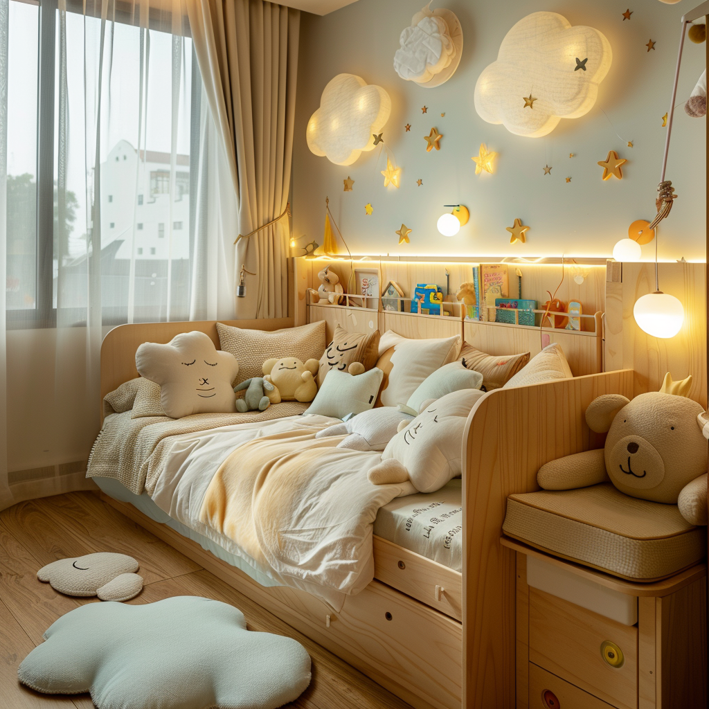 Chambre d’enfant avec lit évolutif, teintes pastel, matières naturelles et lumière douce, pensée pour favoriser le développement et les rêves.