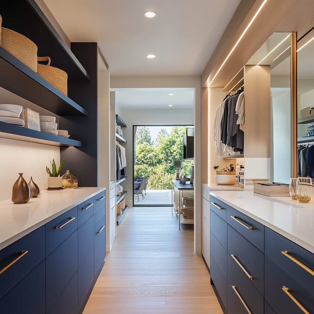 Image d'une cuisine moderne aux armoires bleu foncé avec des plans de travail en quartz clair, reliée à un dressing minimaliste avec un miroir rond et des étagères en bois clair, baignée de lumière naturelle.