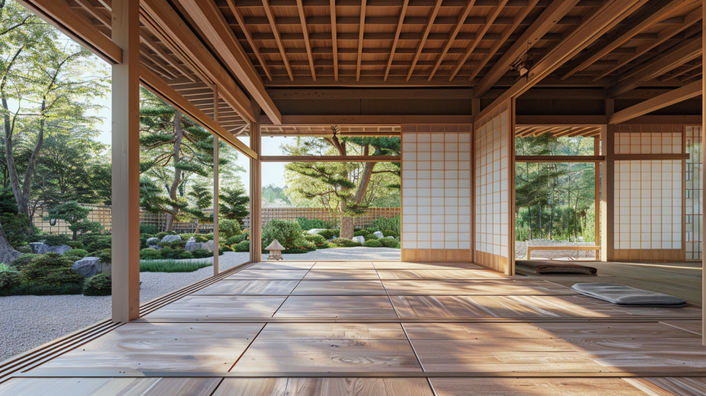 Rendu architectural d'une maison japonaise avec toit à faible pente et matériaux locaux, adaptée au climat méditerranéen et aux normes françaises.