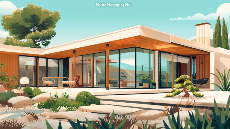 Illustration d'une maison moderne inspirée de l'architecture japonaise, située dans un paysage méditerranéen, avec des matériaux locaux et un jardin zen.
