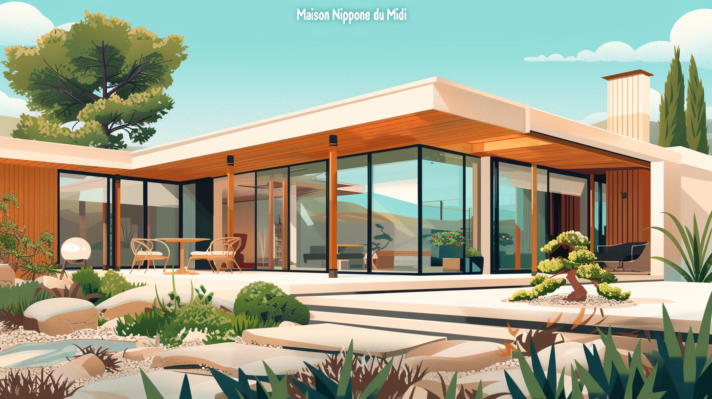 Illustration d'une maison moderne inspirée de l'architecture japonaise, située dans un paysage méditerranéen, avec des matériaux locaux et un jardin zen.