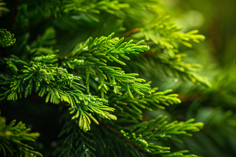 Close-up of vibrant green thuya leaves with rich texture, showing the evergreen and dense foliage ideal for garden hedges – macro photography, high detail, bokeh background, Canon EOS R6, 85mm lens, natural light --ar 3:2 --v 6.0 --style raw