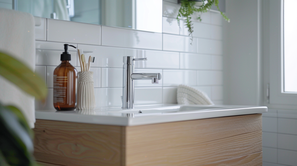 Vue d'une petite salle de bain moderne avec un meuble sous lave-main compact et design fixé au mur, optimisant parfaitement l’espace disponible.