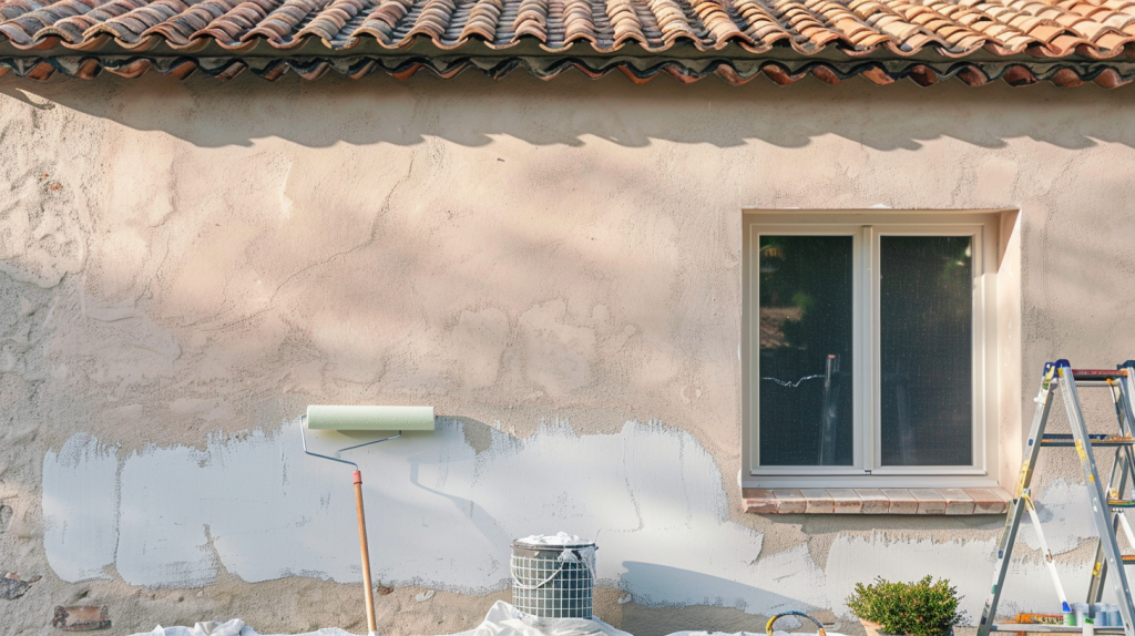 Rouleau télescopique appliquant une peinture de façade mate avec zone avant/après bien visible