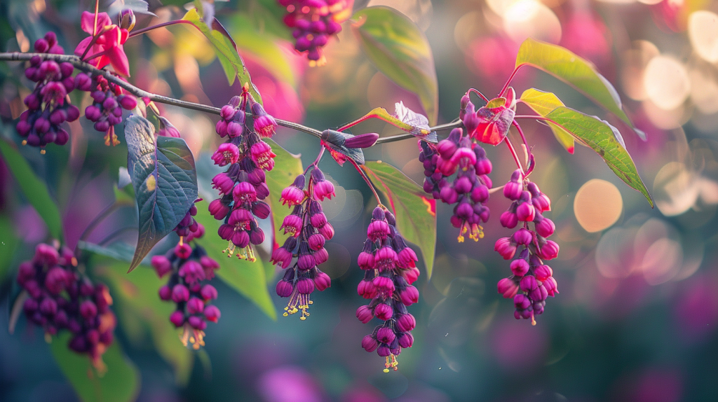 Gros plan sur les fleurs pourpres et bractées rouges de l’arbre aux faisans dans un jardin ensoleillé