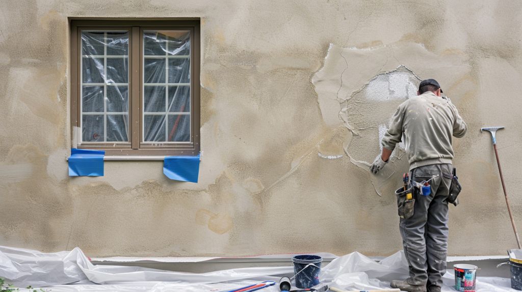 Ouvrier masquant les menuiseries et rebouchant une fissure avant de peindre une façade extérieure