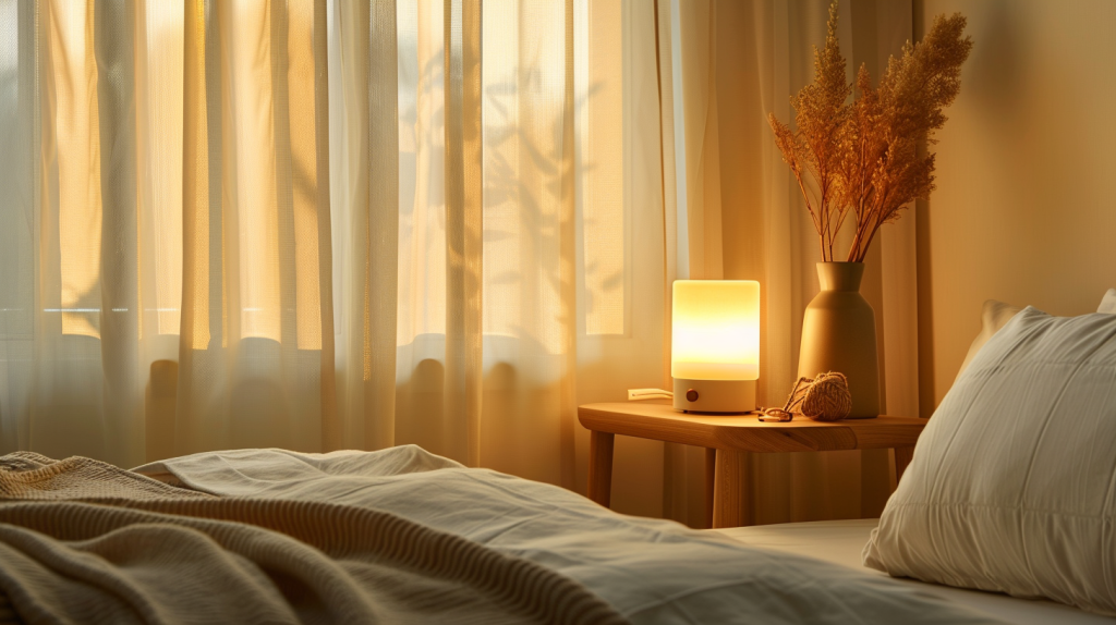 Réveil lumineux simulant l’aube (luminothérapie) sur une table de chevet, chambre minimaliste avec rideaux voilés, ambiance douce du matin.