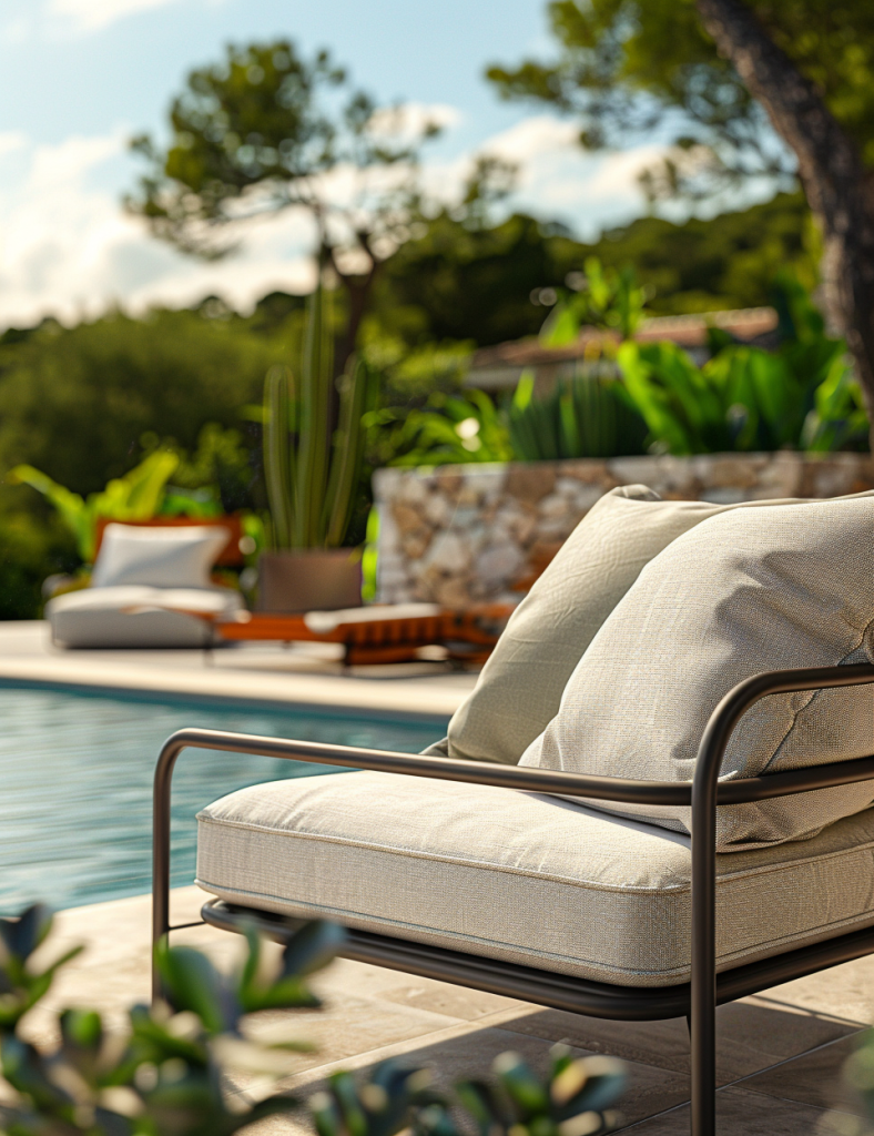 Gros plan sur un fauteuil de jardin moderne en aluminium avec coussin outdoor déhoussable, dossier semi-incliné et accoudoirs confortables, en lumière naturelle.