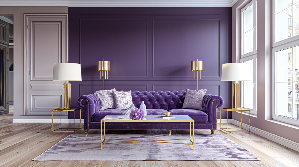 Salon moderne décoré en violet avec mur d’accent, canapé en velours lavande, touches dorées et parquet en bois clair.