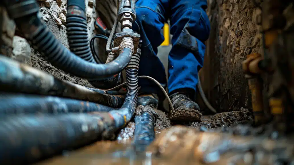 Technicien en combinaison de travail manipulant un furet électrique pour déboucher une canalisation dans un immeuble ancien de Paris, matériel réaliste posé au sol.