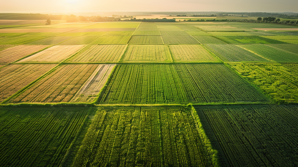 Illustration moderne montrant la comparaison visuelle entre un hectare, un are et un mètre carré dans un champ vu du dessus, avec étiquettes claires.