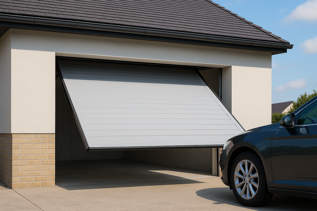 Illustration réaliste d’une porte basculante avec panneau unique basculant vers le plafond et débordant sur l’extérieur