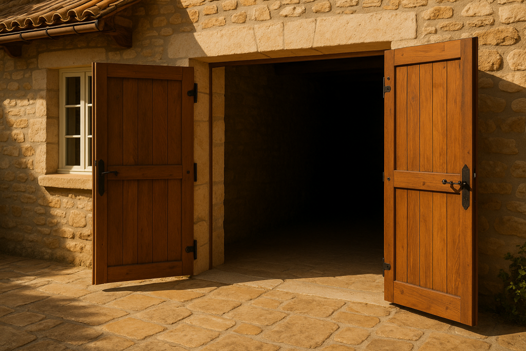 Illustration réaliste d’une porte de garage battante à deux vantaux s’ouvrant vers l’extérieur