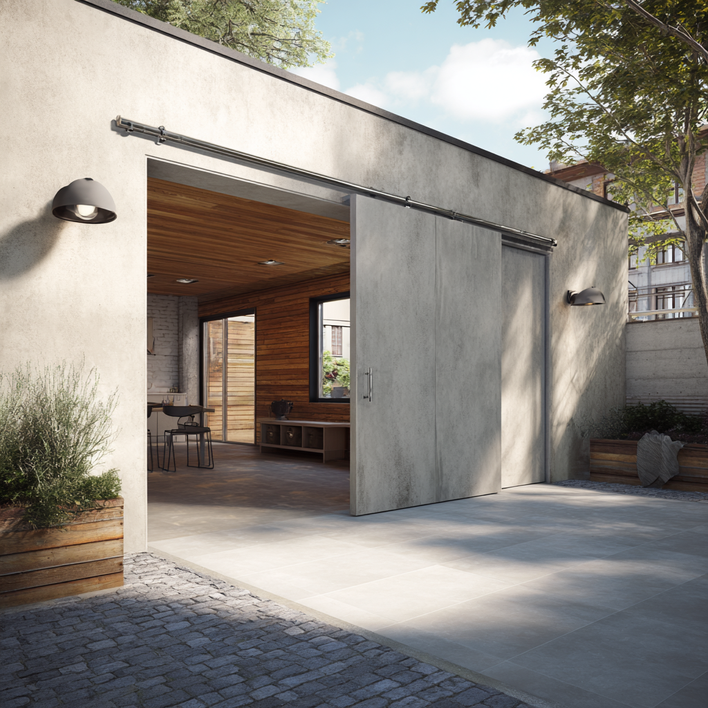 Illustration réaliste d’une porte de garage coulissante composée de panneaux guidés le long d’un mur intérieur