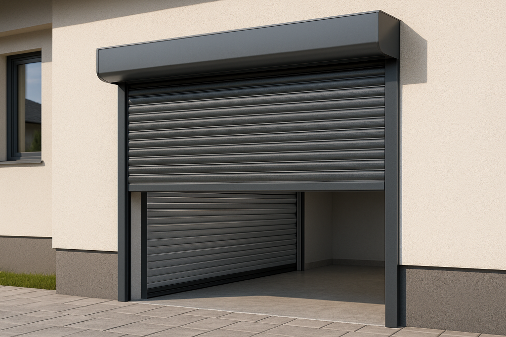 Illustration réaliste d’une porte de garage enroulable avec tablier se logeant dans un coffre compact en linteau