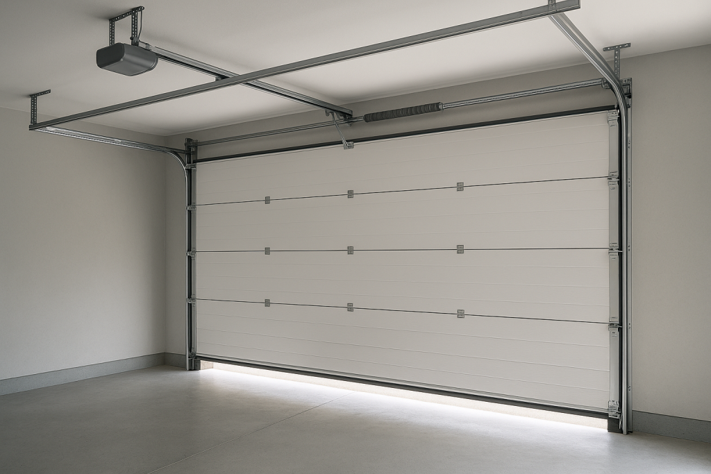 Illustration réaliste d’une porte de garage sectionnelle composée de panneaux articulés guidés sous plafond
