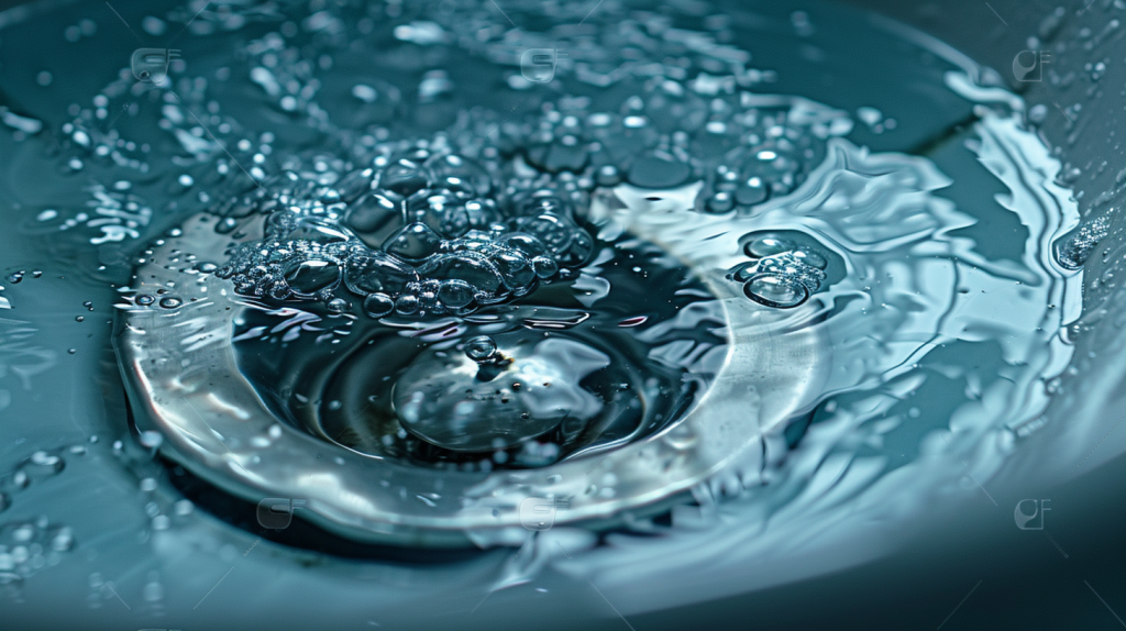 Gros plan réaliste sur un lavabo bouché avec eau stagnante et bulles, symbolisant écoulement lent et glouglous caractéristiques.