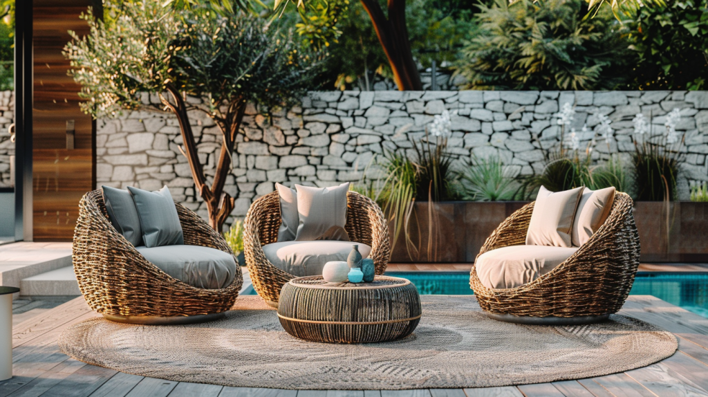 Terrasse aménagée avec différents styles de fauteuils de jardin : aluminium moderne, résine tressée bohème et textilène bord de piscine, autour de tables basses, ambiance lumineuse et accueillante.