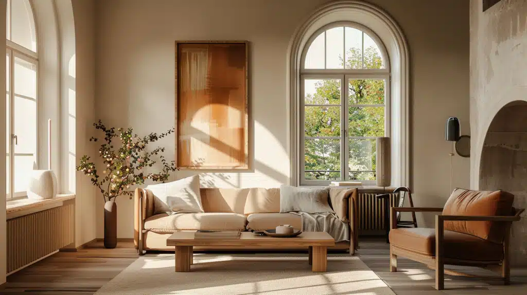 Salon moderne dans les tons marron et beige avec mobilier en bois et accents naturels
