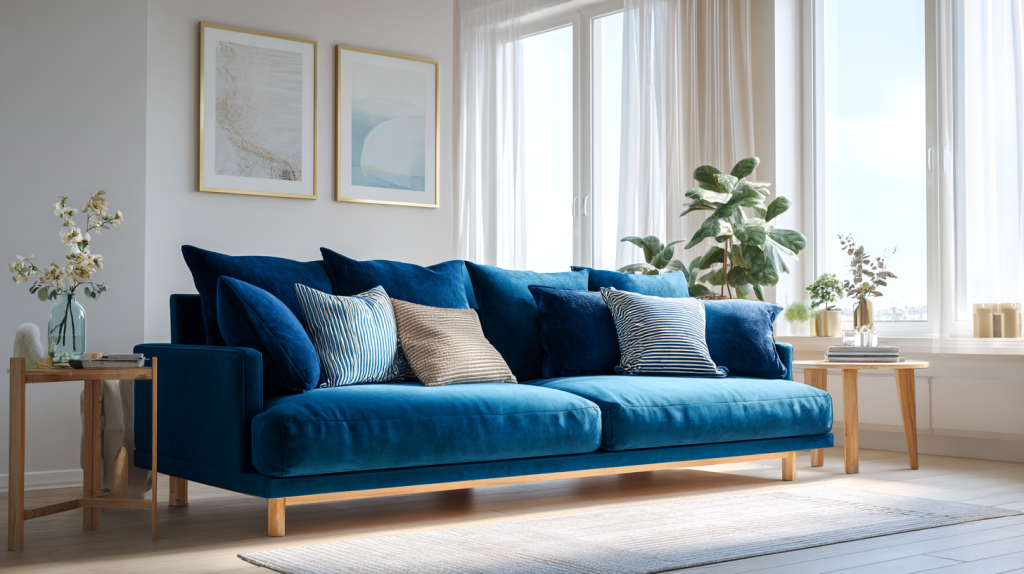 salon moderne baigné de lumière naturelle, décoré dans des tons de bleu pastel et bleu pétrole avec meubles en bois clair et accents dorés