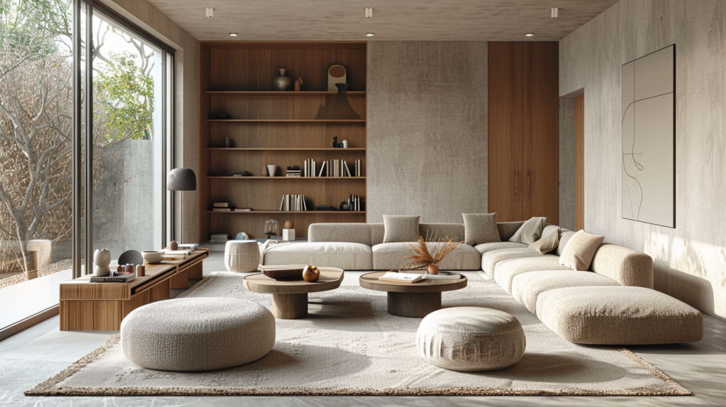 Image d’un salon élégant décoré dans des tons taupe, beige et ivoire, avec du mobilier en bois clair et une lumière douce naturelle.