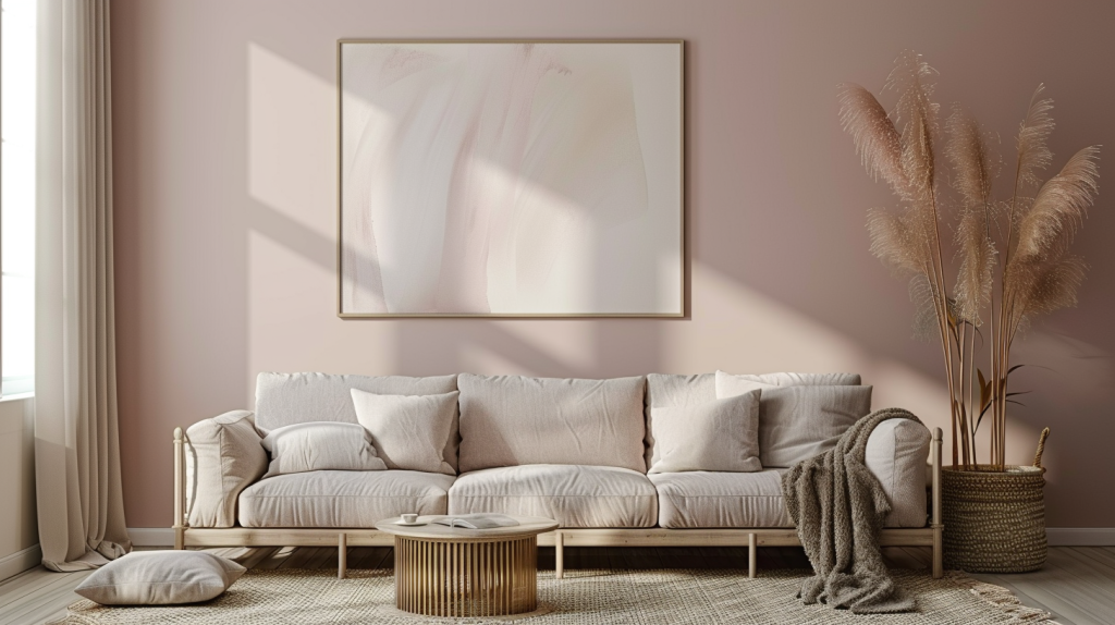 Photo d’un salon moderne aux teintes rose poudré et beige, décoré avec des matières naturelles et une lumière douce