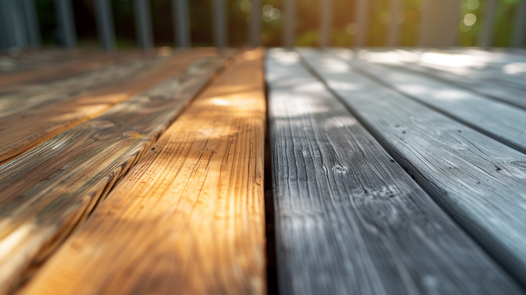 Comparaison visuelle entre une terrasse en bois naturel et une terrasse en lames composites, montrant les différences de texture et de couleur.