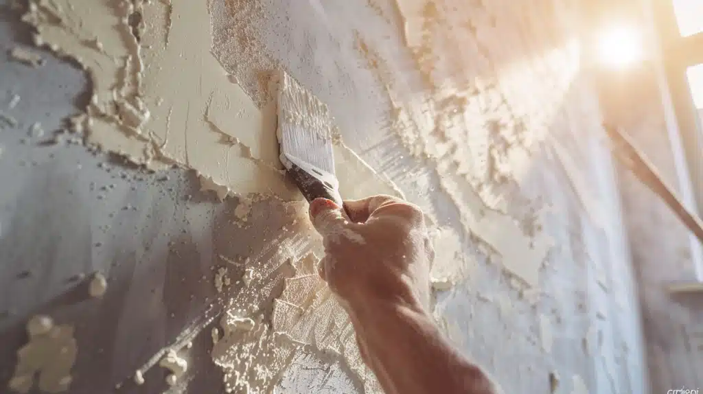 Illustration montrant le décapage d’un crépi intérieur avec une spatule dans une pièce lumineuse, avant l’application d’un enduit de lissage.