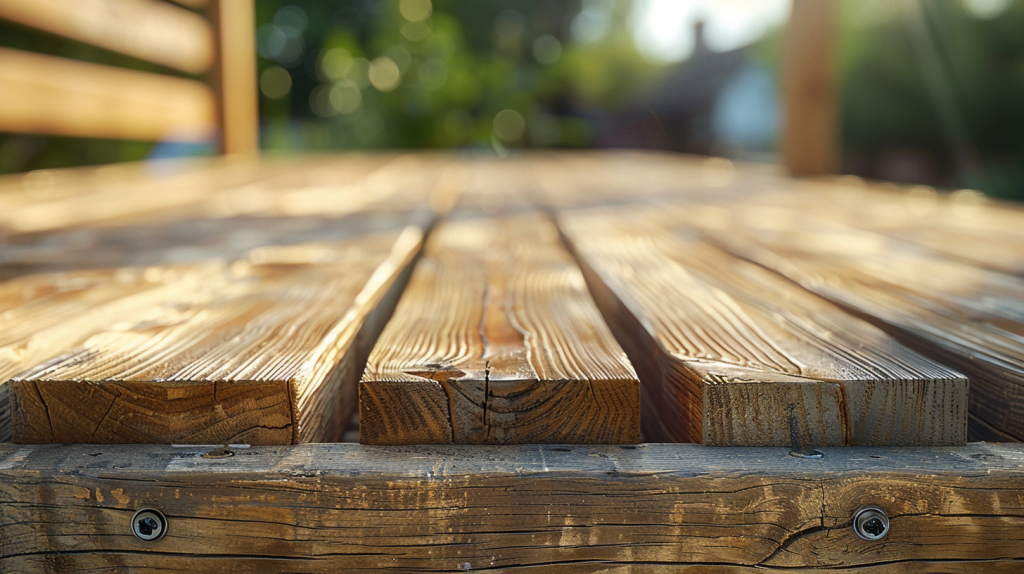 Schéma réaliste montrant la pose d’une terrasse bois ou composite sur lambourdes, avec espacement, visserie et structure ventilée.