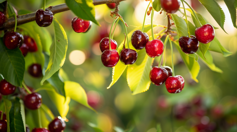 Différentes variétés de cerises, douces et acides, photographiées sur leurs branches dans un jardin en été.