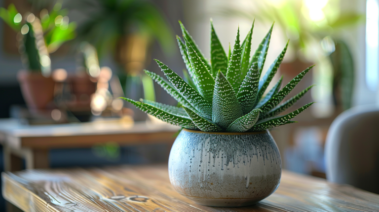 Gasteria en pot posé près d’une fenêtre, éclairé par une lumière naturelle douce.