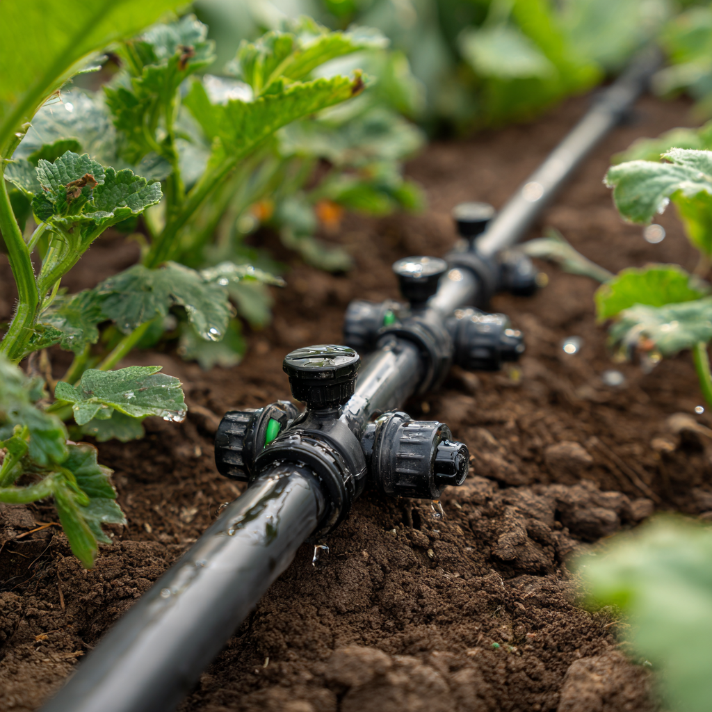 Tuyau d’arrosage goutte-à-goutte posé au sol avec raccords et goutteurs visibles