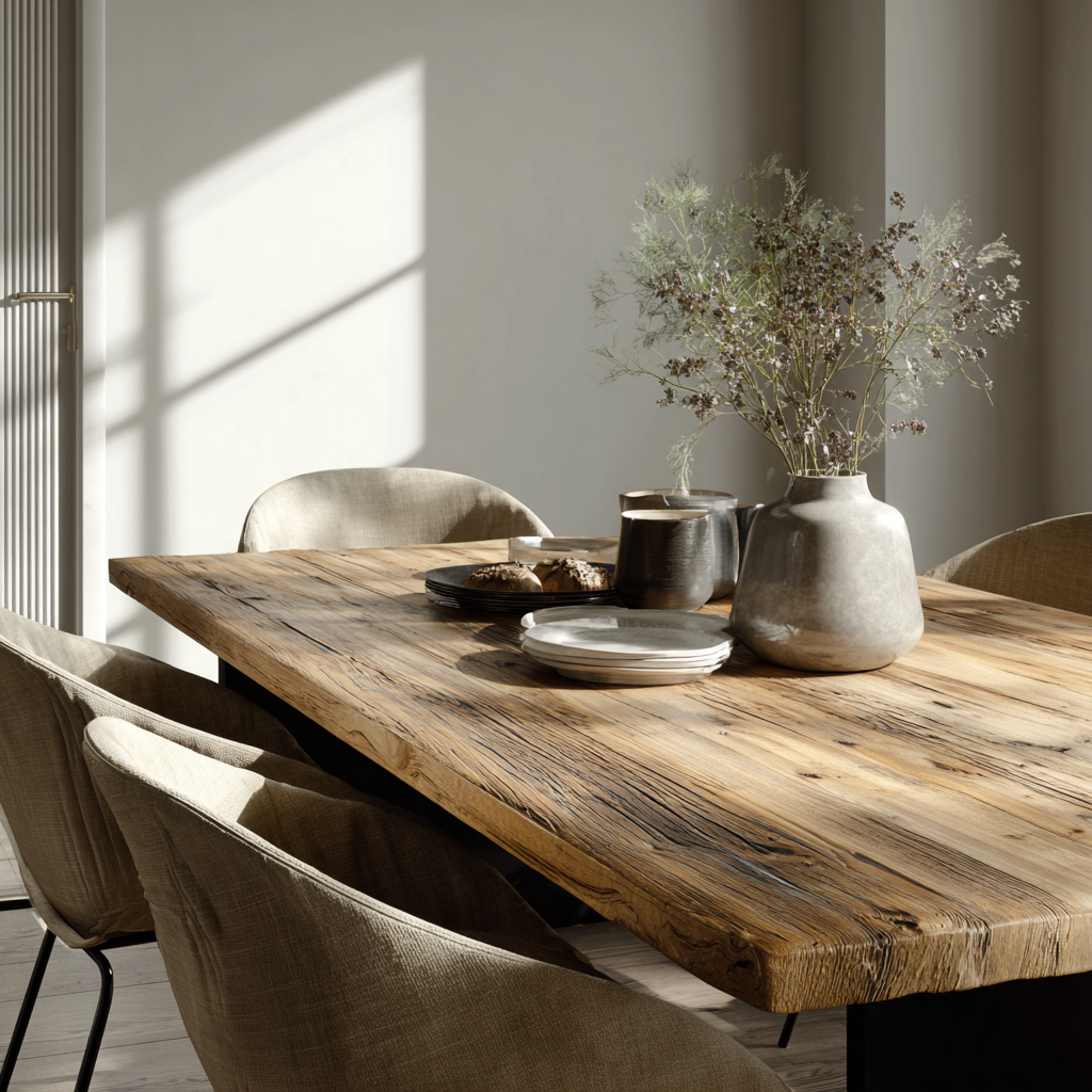 Table à manger design en bois, céramique et métal dans un intérieur contemporain, illustration des matériaux et ambiances
